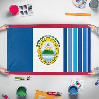 A mockup of the custom flag 'United Central America flag' held up on a table during print checking
