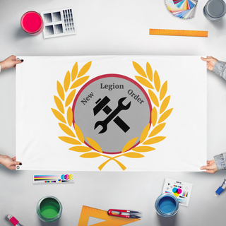 A mockup of the custom flag 'New Legion Order flag' held up on a table during print checking