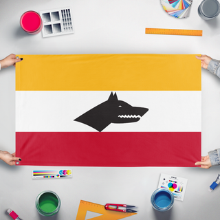 A mockup of the custom flag 'Republic of Takiristan flag' held up on a table during print checking