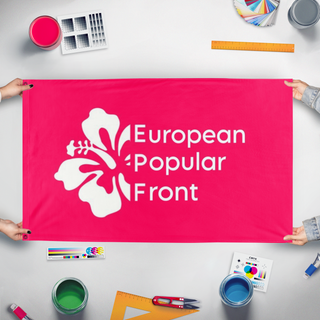 A mockup of the custom flag 'European Popular Front flag' held up on a table during print checking