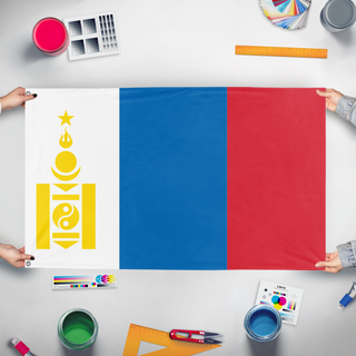 A mockup of the custom flag 'Russian Mongolia  flag' held up on a table during print checking