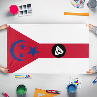 A mockup of the custom flag 'bceas flag' held up on a table during print checking