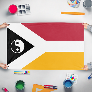 A mockup of the custom flag 'ZXAWCVA flag' held up on a table during print checking