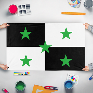 A mockup of the custom flag 'BUKZSD flag' held up on a table during print checking