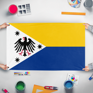 A mockup of the custom flag 'flag of the Republic of Rossa' held up on a table during print checking