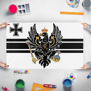 A mockup of the custom flag 'Prussian Redesign flag' held up on a table during print checking