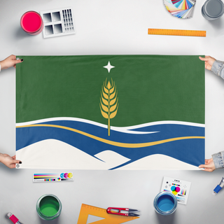 A mockup of the custom flag 'Mazomanie flag' held up on a table during print checking