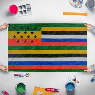 A mockup of the custom flag 'AfAmHouse flag' held up on a table during print checking