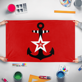 A mockup of the custom flag 'Soviet Pacific Fleet Flag' held up on a table during print checking