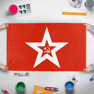 A mockup of the custom flag 'Soviet Navy Flag' held up on a table during print checking