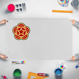 A mockup of the custom flag 'althist RP flag' held up on a table during print checking