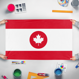 A mockup of the custom flag 'Canadian Flag in the style of Laos' held up on a table during print checking