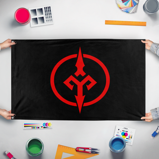 A mockup of the custom flag 'Amirian War  flag' held up on a table during print checking