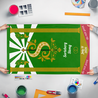 A mockup of the custom flag 'Sorteberg + Stong flag' held up on a table during print checking