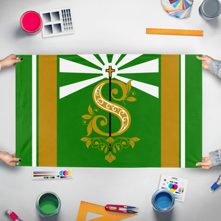 A mockup of the custom flag 'Stong flag' held up on a table during print checking