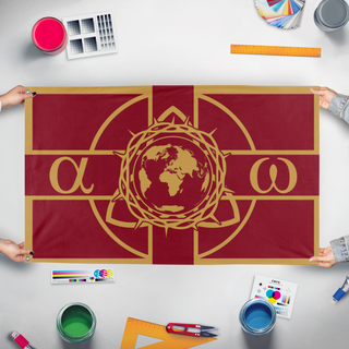 A mockup of the custom flag 'The United Christendom of Earth flag' held up on a table during print checking