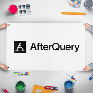 A mockup of the custom flag '[Preview] Afterquery flag' held up on a table during print checking