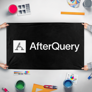 A mockup of the custom flag '[Preview] Afterquery flag' held up on a table during print checking