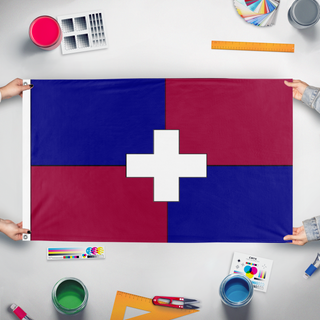 A mockup of the custom flag 'Leyman Signal flag' held up on a table during print checking