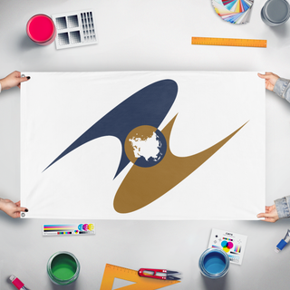 A mockup of the custom flag 'Eurasian Economic Area flag' held up on a table during print checking
