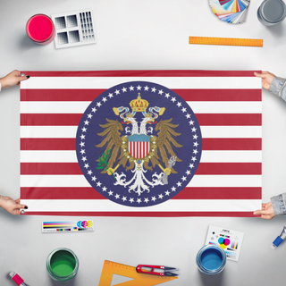 A mockup of the custom flag 'Holy American Empire  flag' held up on a table during print checking