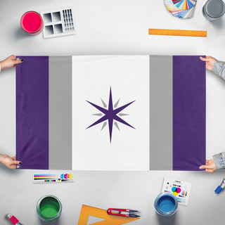 A mockup of the custom flag 'An flag' held up on a table during print checking