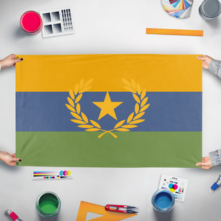 A mockup of the custom flag 'nuisan flag no 4 or 3' held up on a table during print checking