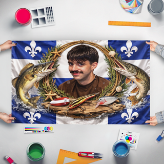 A mockup of the custom flag 'chibougamau flag' held up on a table during print checking