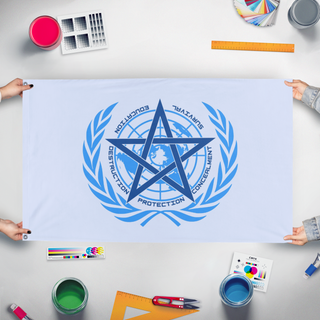 A mockup of the custom flag 'United Nations Global Occult Coalition flag' held up on a table during print checking