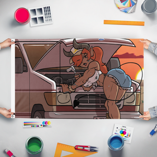 A mockup of the custom flag 'zelleth van flag' held up on a table during print checking