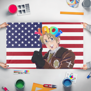 A mockup of the custom flag 'yaoimerica flag' held up on a table during print checking