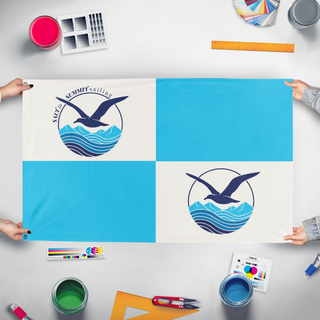 A mockup of the custom flag 'sss flag' held up on a table during print checking
