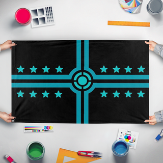 A mockup of the custom flag 'Flag of ICA' held up on a table during print checking