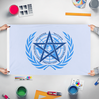A mockup of the custom flag 'UNGOC flag' held up on a table during print checking