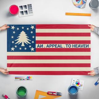 A mockup of the custom flag 'Nativist Pine Tree flag' held up on a table during print checking