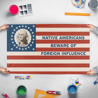 A mockup of the custom flag 'Original Nativist Party flag' held up on a table during print checking