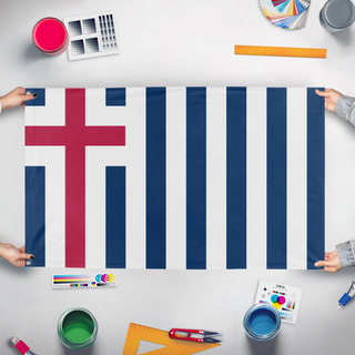 A mockup of the custom flag 'The Cross and Stripes flag' held up on a table during print checking