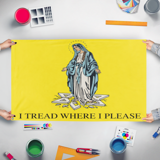 A mockup of the custom flag 'mary flag' held up on a table during print checking