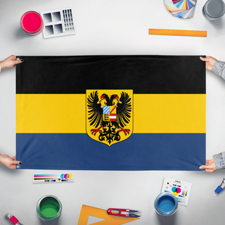 A mockup of the custom flag 'South German Confederation flag' held up on a table during print checking