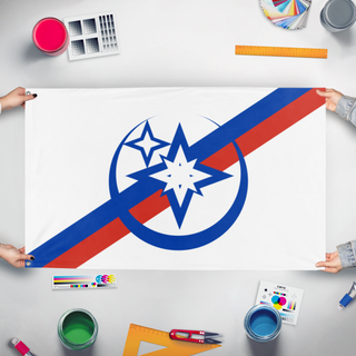 A mockup of the custom flag 'Russian Space Empire  flag' held up on a table during print checking