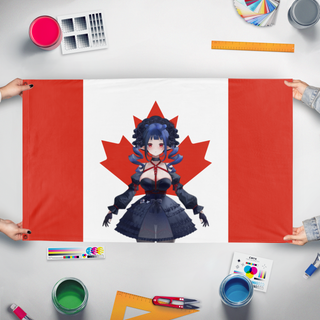 A mockup of the custom flag 'Dizzy Smol flag' held up on a table during print checking
