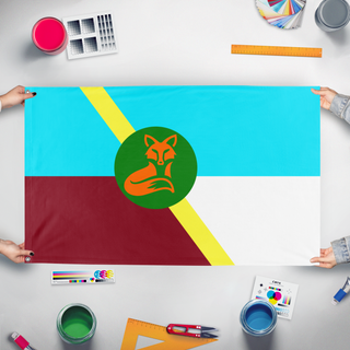 A mockup of the custom flag 'Destro flag' held up on a table during print checking