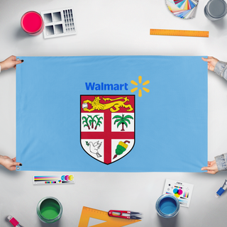 A mockup of the custom flag 'Walmart in Fiji flag' held up on a table during print checking