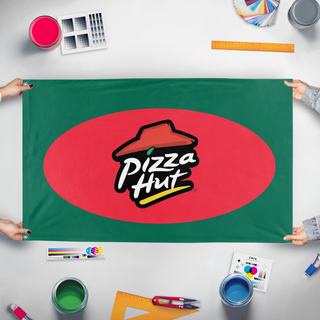A mockup of the custom flag 'Pizza Hut in Bangladesh flag' held up on a table during print checking