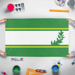 A mockup of the custom flag 'Leidenschaftlich flag' held up on a table during print checking