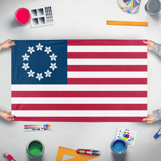 A mockup of the custom flag 'Diamond-Spangled Banner V3 flag' held up on a table during print checking