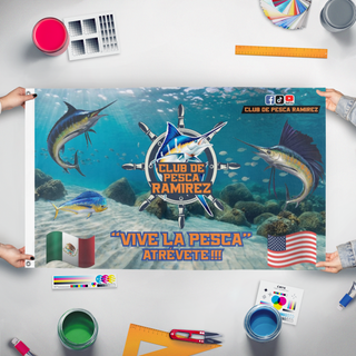 A mockup of the custom flag 'Club de Pesca Ramirez flag' held up on a table during print checking