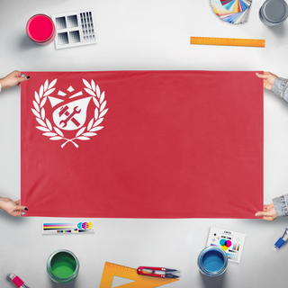 A mockup of the custom flag 'Socialism flag' held up on a table during print checking