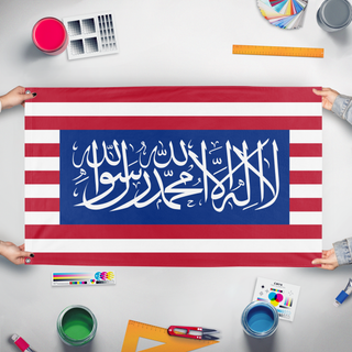 A mockup of the custom flag 'American Islamist Flag' held up on a table during print checking