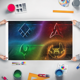A mockup of the custom flag 'FAF v2 flag' held up on a table during print checking